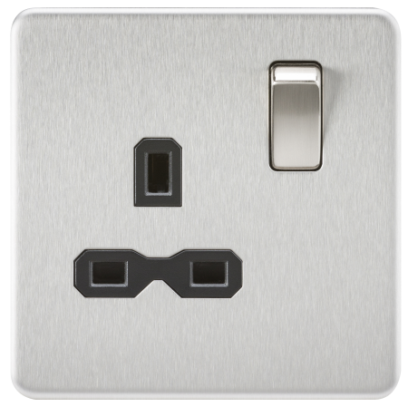 Knightsbridge Screwless Brushed Chrome13A 1G DP Switched Socket Black Insert SFR7000BC