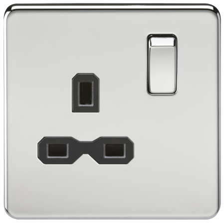 Knightsbridge Screwless Polished Chrome 13A 1G DP Switched Socket Black Insert SFR7000PC