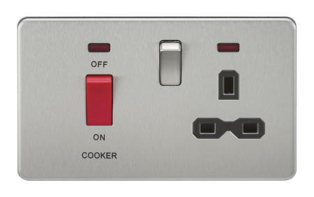 Knightsbridge Screwless Brushed Chrome 45A DP Switch and 13A Switched Socket With Neon's Black Insert SFR8333NBC