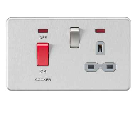 Knightsbridge Screwless Brushed Chrome 45A DP Switch and 13A Switched Socket With Neon's Grey Insert SFR8333NBCG