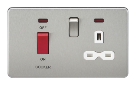 Knightsbridge Screwless Brushed Chrome 45A DP Switch and 13A Switched Socket With Neon's White Insert SFR8333NBCW