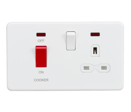 Knightsbridge Screwless 45A DP Switch and 13A Switched Socket With Neon's Matt White SFR8333NMW