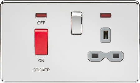 Knightsbridge Screwless Polished Chrome 45A DP Switch and 13A Switched Socket With Neon's Grey Insert SFR8333NPCG