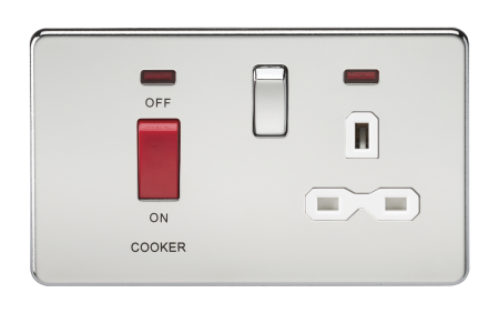 Knightsbridge Screwless Polished Chrome 45A DP Switch and 13A Switched Socket With Neon's White Insert SFR8333NPCW