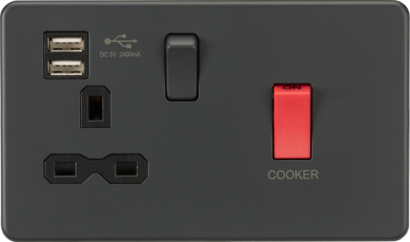 Knightsbridge Screwless 45A DP Switch & 13A Socket with USB Anthracite | SFR8333UAT
