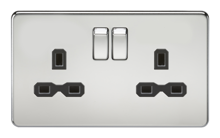 Knightsbridge Screwless Polished Chrome 13A 2G DP Switched Socket Black Insert SFR9000PC