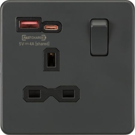Knightsbridge 13A 1G Socket & Dual Fast Charge Outlets A+C Anthracite | SFR9919AT