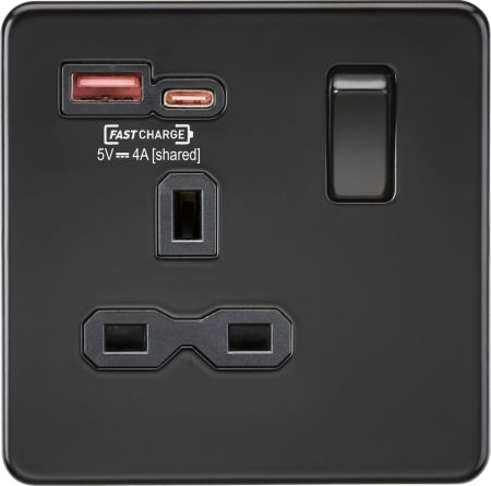 Knightsbridge 13A 1G Socket & Dual Fast Charge Outlets A+C Matt Black | SFR9919MBB