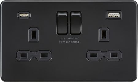 Knightsbridge Screwless 13A 2G SP Switched Socket with Dual USB A+C Matt Black | SFR9940MBB