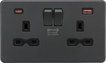Knightsbridge Screwless Anthracite 13A 2G DP Socket & Dual USB A+C Max. 45W | SFR9945AT