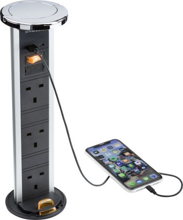 Knightsbridge IP54 3G pop-up socket with dual USB charger A+C (FASTCHARGE) Chrome| SK9909PC