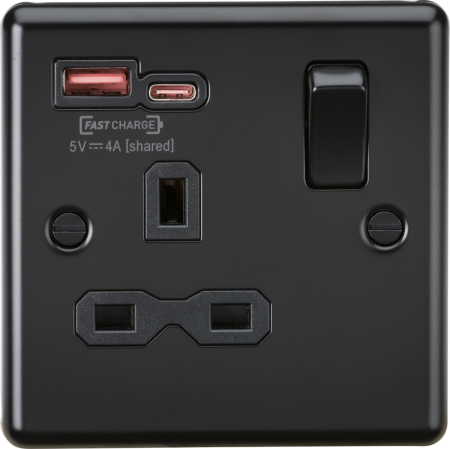 Knightsbridge 13a 1g Sp Switched Socket With Dual Usb A+c Matt Black | CL9919MBB