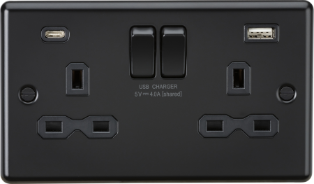 Knightsbridge 13A 2G Switched Socket With Dual Usb A+c Matt Black | CL9940MBB