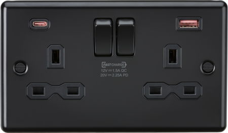 Knightsbridge 13a 2g Dp Switched Socket With Dual Usb A+c 20v Dc 2.25a Matt Black | CL9945MBB