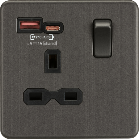 Knightsbridge Screwless 13A 1G SP Switched Socket & Dual USB A+C 12V DC 1.5A Smoked Bronze | SFR9919SB