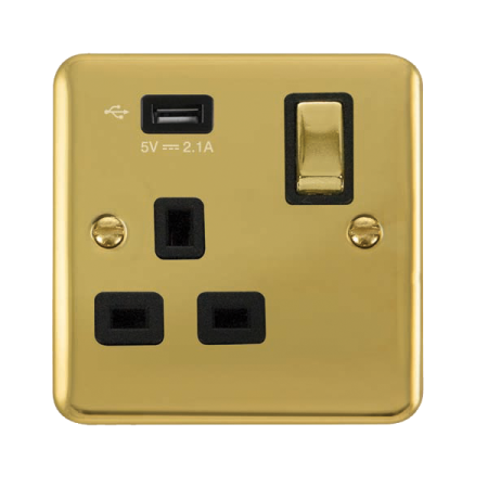 Click Deco Plus Polished Brass 13A USB Type A Single Socket Black Insert | DPBR571UBK