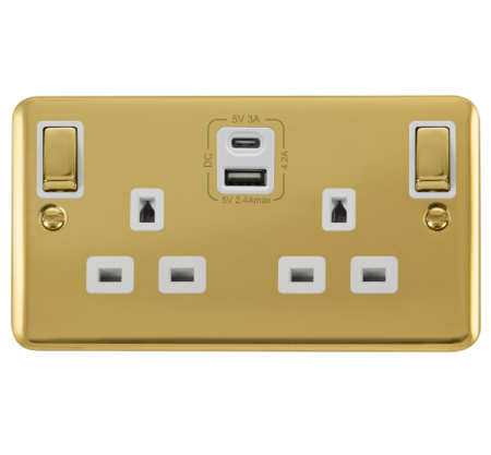 Click Deco Plus Polished Brass 13A USB Type C & A Double Socket White Insert | DPBR586WH