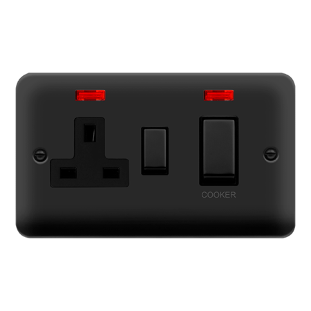 Click Deco Plus Matt Black 45A Double Pole Switch with Socket Outlet Neon DPMB505BK