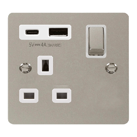 Click Define Pearl Nickel 1 Gang 13A Single Switched Socket with Type A and C USB FPPN585WH