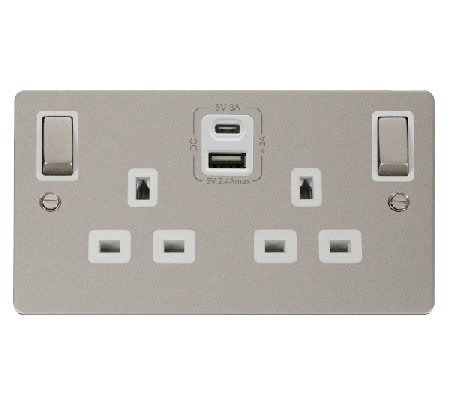 Click Define Pearl Nickel Type A & C USB Double Socket FPPN586WH