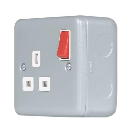 Click Metal Clad Pro Grey 13A 1 Gang Double Pole Switched Socket Outlet Red Rocker MCP535RD