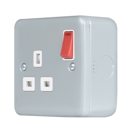 Click Metal Clad Pro Grey 13A 1 Gang Double Pole Switched Socket Outlet With LED Red Rocker MCP835RD