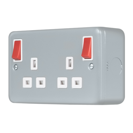 Click Metal Clad Pro Grey 13A 2 Gang Double Pole Switched Socket Outlet With Red Outboard Rockers MCP836RD