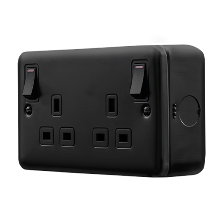Click Metal Clad Pro Matt Black 13A 2 Gang Double Pole Switched Socket Outlet With Outboard Rockers & LEDs MCP840BK