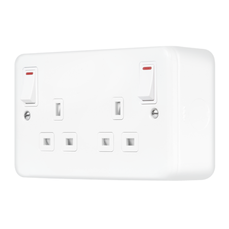 Click Metal Clad Pro Polar White 13A 2 Gang Double Pole Switched Socket Outlet With Outboard Rockers & LEDs MCP840PW