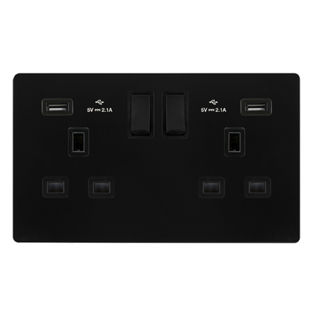 Click Definity Screwless 13A Ingot 2 Gang Switched Socket With 2.1A Usb Outlets | SFBK780BK