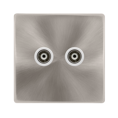 Click Definity Complete Brushed Steel with White Insert Screwless Twin Isolated Coaxial Outlet SFBS159PW
