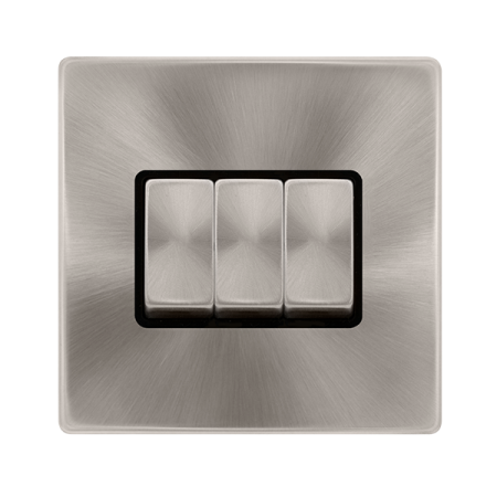 Click Definity Complete Brushed Steel with Black Insert Screwless 3 Gang 2 Way Switch SFBS413BK