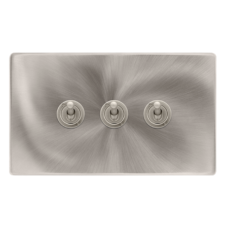 Click Definity Screwless 10ax 3 Gang 2 Way Toggle Switch - Brushed Steel | SFBS423