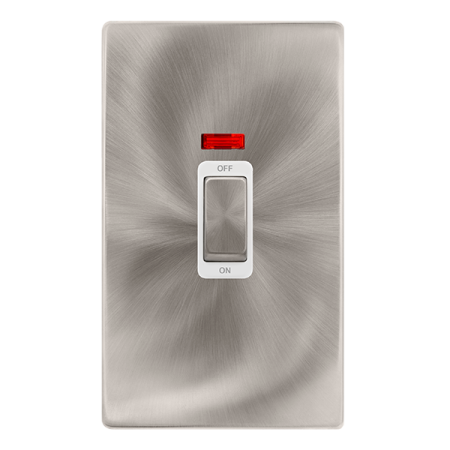 Click Definity Complete Brushed Steel with White Insert Screwless 2 Gang Vertical 50A Double Pole Switch with Neon SFBS503PW