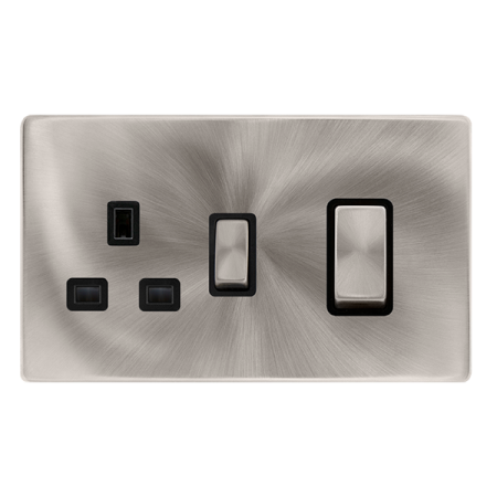 Click Definity Complete Brushed Steel with Black Insert Screwless 2 Gang 50A Double Pole Switch with 13A Socket Outlet SFBS504BK