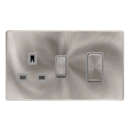 Click Definity Complete Brushed Steel with Grey Insert Screwless 2 Gang 50A Double Pole Switch with 13A Socket Outlet SFBS504GY