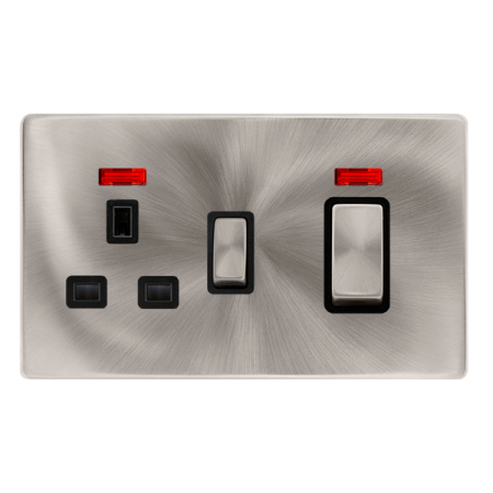 Click Definity Complete Brushed Steel with Black Insert Screwless 2 Gang 50A Double Pole Switch with 13A Socket Outlet with Neon SFBS505BK