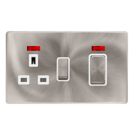 Click Definity Complete Brushed Steel with White Insert Screwless 2 Gang 50A Double Pole Switch with 13A Socket Outlet with Neon SFBS505PW