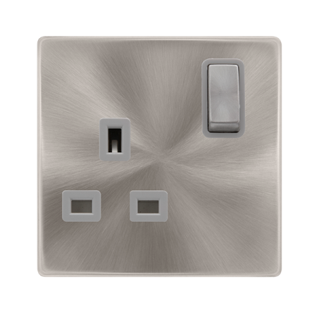 Click Definity Complete 13A Single Switched Socket Brushed Steel Grtey Insert | SFBS535GY