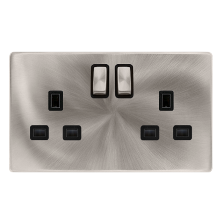 Click Definity Complete 13A Twin Switched Socket Brushed Steel Black Insert | SFBS536BK
