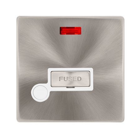 Click Definity Complete Brushed Steel with White Insert Screwless 13A Unswitched Fused Connection unit with Neon and Optional Flex Outlet SFBS553PW