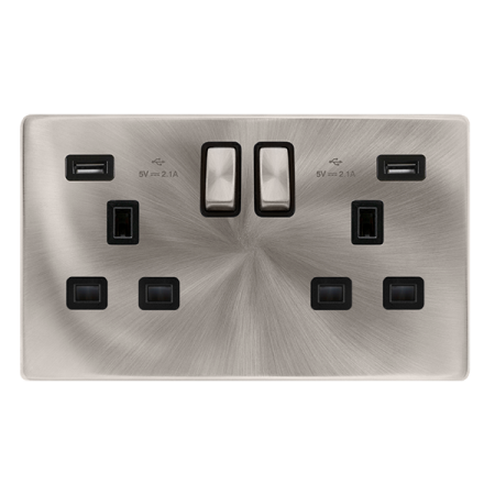 Click Definity Complete 13A Twin Switched Socket & Dual USB Brushed Steel Black Insert | SFBS580BK