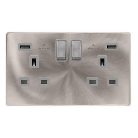 Click Definity Complete 13A Twin Switched Socket & Dual USB Brushed Steel Grey Insert | SFBS580GY