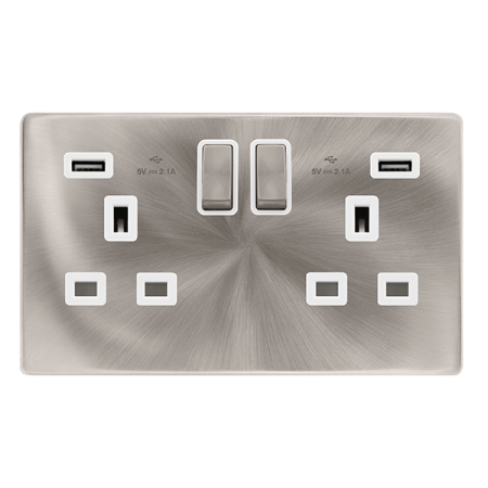 Click Definity Complete Brushed Steel with White Insert Screwless 2 Gang 13A Double Switched USB Socket SFBS580PW