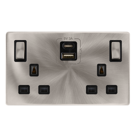 Click Definity Complete Brushed Steel with Black Insert Screwless 2 Gang 13A Double Switched Socket with Type A and C USB SFBS586BK