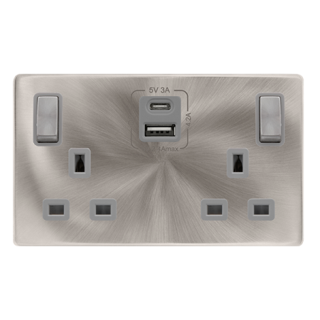 Click Definity Complete Brushed Steel with Grey Insert Screwless 2 Gang 13A Double Switched Socket with Type A and C USB SFBS586GY
