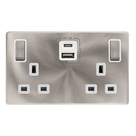 Click Definity Complete Brushed Steel with White Insert Screwless 2 Gang 13A Double Switched Socket with Type A and C USB SFBS586PW
