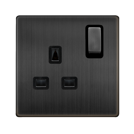 13a Ingot 1 Gang Dp Switched Safety Shutter Socket - Matt Bronze Cover Plate - Black Insert