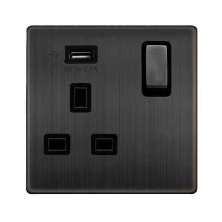 Click Definity Complete Matt Bronze Screwless 1 Gang 13A Single Switched Socket with USB SFBZ571UBK