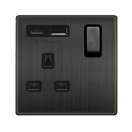 Click Definity Complete Matt Bronze Screwless 1 Gang 13A Single Switched Socket with Type A and C USB SFBZ585BK